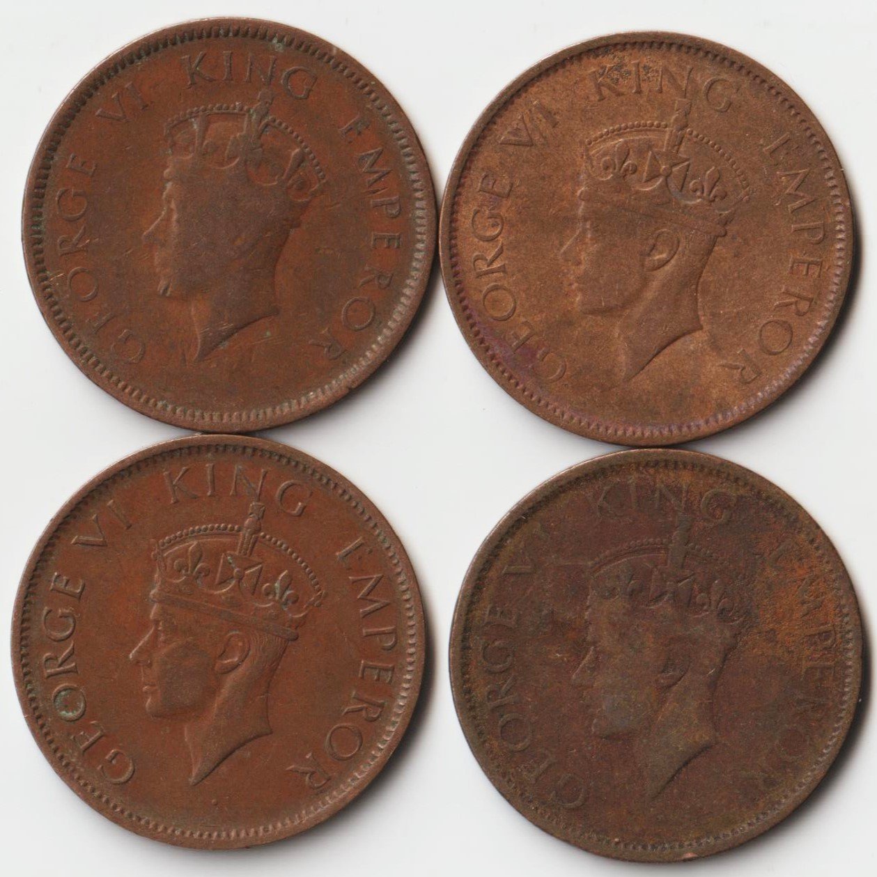 4 Coins Set of One Quarter Anna 1939 to 1942 Bronze Coin of King