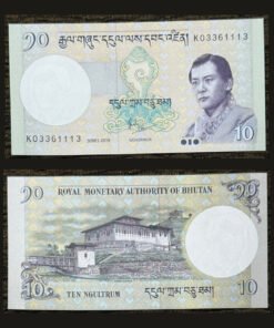 Bhutan 10 Ngultrum Banknote 2019 Series Conch Shell Dungkar Paro Dzong UNC