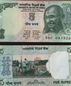 India 5 Rupees Banknote Mahatma Gandhi Farmer Tractor Bimal Jalan Circulated