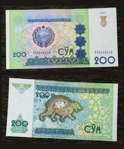 Uzbekistan 200 Som Banknote 1997 UNC Condition Sher-Dor Madrasah Lion & Sun RARE