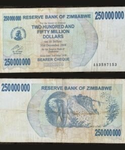 Zimbabwe 250 Million Dollars Bearer Cheque 2008 Hyperinflation Elephant RARE