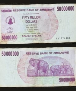 Zimbabwe 50 Million Dollars Bearer Cheque 2008 Elephants Hyperinflation RARE
