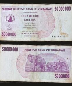 Zimbabwe 50 Million Dollars Bearer Cheque 2008 Elephants Hyperinflation RARE