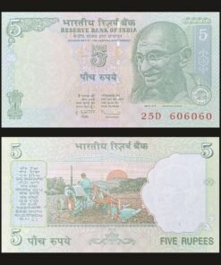 India 5 Rupees Banknote UNC Fancy Number 606060 Gandhi Tractor