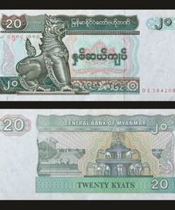 Myanmar 20 Kyats Banknote UNC Chinthe Leogryph Elephant Fountain People Park RARE