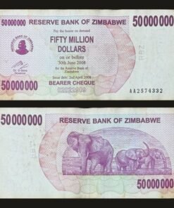 Zimbabwe 50 Million Dollars Bearer Cheque 2008 Elephants Hyperinflation RARE